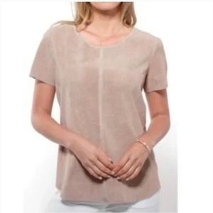 Ecru Top Blouse Perforated Suede Zip Shoulder Short Sleeve Tan Size Medium